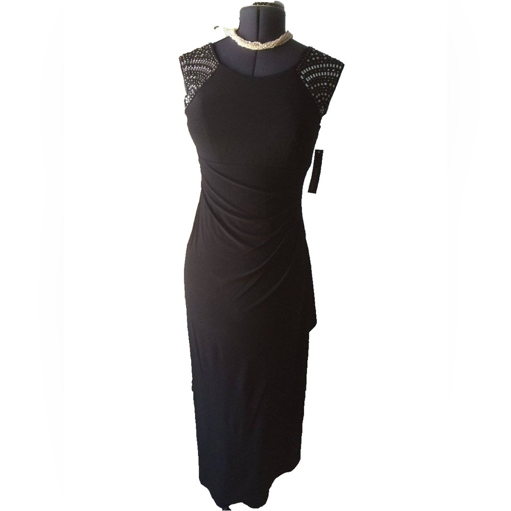R&M Richards Black Rhinestone Empire Waist Ruched Dress